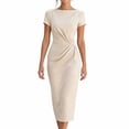 thumbnail image 2 of ClodeEU Women's Boat Neck Short Sleeve Side Ruched Waist Midi Bodycon Pencil Dress,Elegant Office Wedding Guest Sheath Dress Beige,Women's Plus L, 2 of 7