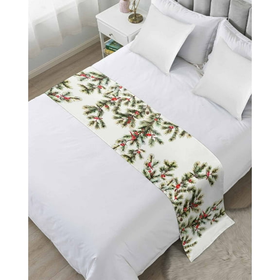 Christmas Bed Runner for Cal. King Size Bed, Xmas Botanical Pine Needle Berry Bedspread Protector Slipcover Bed Scarf for Foot Bed Runners & Scarves for Bedroom Hotel Wedding Room 94x20 Inches