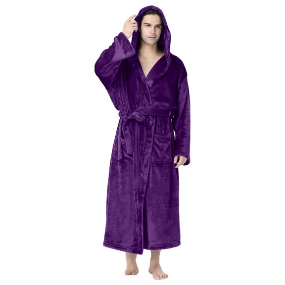 Sewkxo Mens Robes with Hood Flannel Fleece Bathrobe Full Length Plush Robe Coat Soft Warm Fleece Shower Spa Long Robe,Purple XL