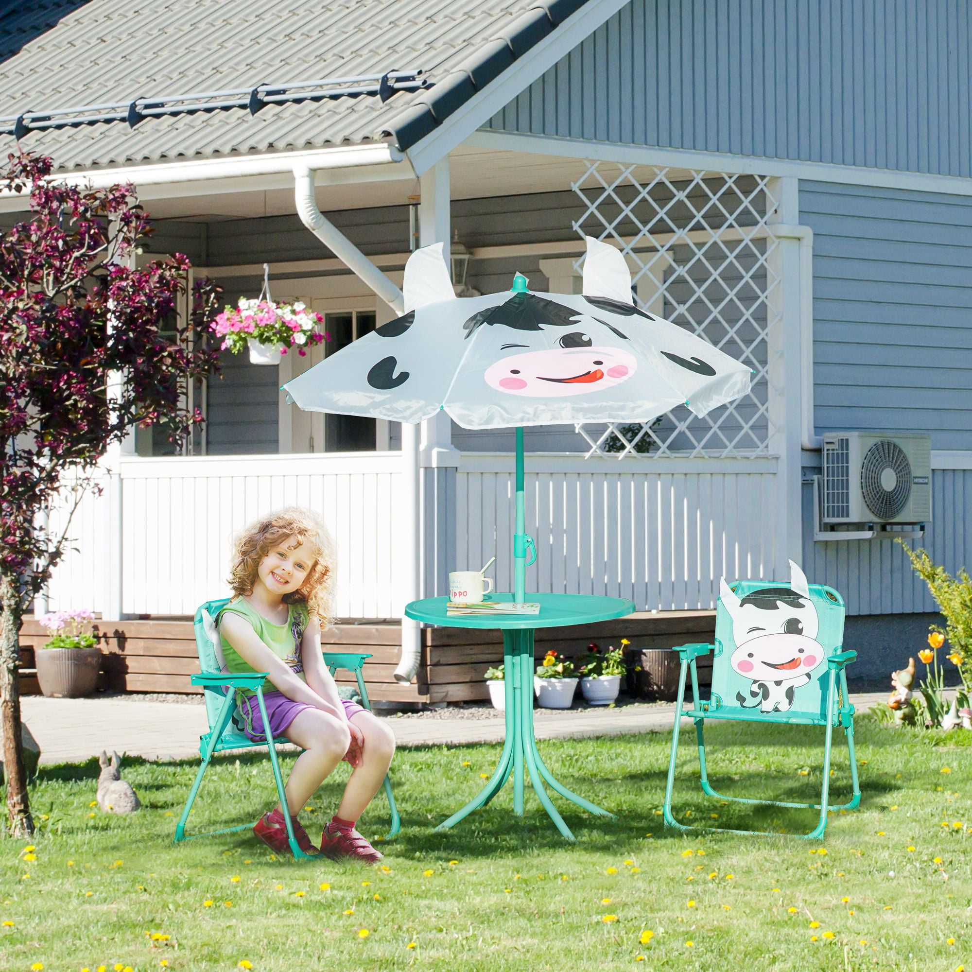 Kids Table and Chair Set, Outdoor Folding Garden Furniture, Picnic Table for Patio Backyard, with Removable & Height Adjustable Sun Umbrella, Aged 3-6 Years Old, White