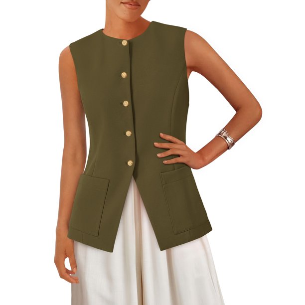 Chaleco PRETTYGARDEN Blazer Sin Mangas con Botones Verde Militar XL