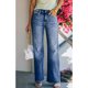 thumbnail image 3 of Pantalones anchos de pierna recta para mujer Bolsillos laterales elásticos de tiro medio Cremallera abotonada Pantalones cómodos Azul oscuro XL, 3 of 8