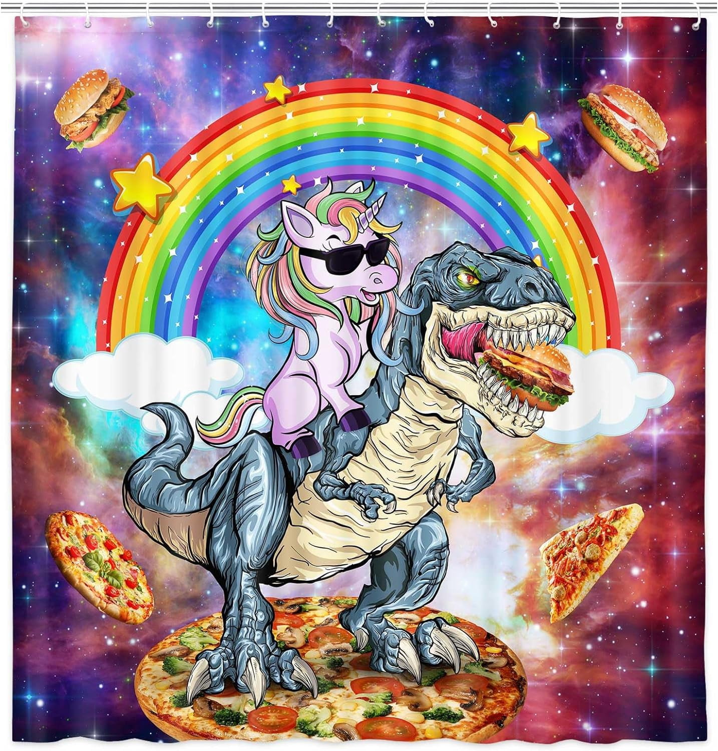Cute Kids Shower Curtain Sets with Non-Slip Rug Cool Unicorn Riding Dinosaur Shower Curtain Set for Kids, Unicor Bathroom Decor for Kids