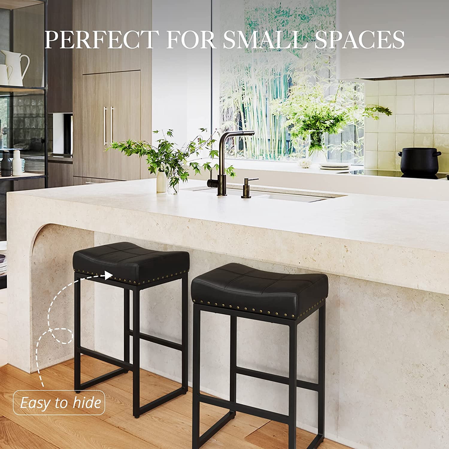 Dycanpo 24" Saddle Counter Height Bar Stools Set of 4, Modern Faux Leather, for Kitchen,Black