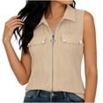 thumbnail image 6 of VBVC Women's Textured Zip Up Button Pocket Shirt,Ladies Collared V-Neck Sleeveless Blouse,Breathable Summer Office Daily Wear Tops For Women,Beige,S-2XL, 6 of 7