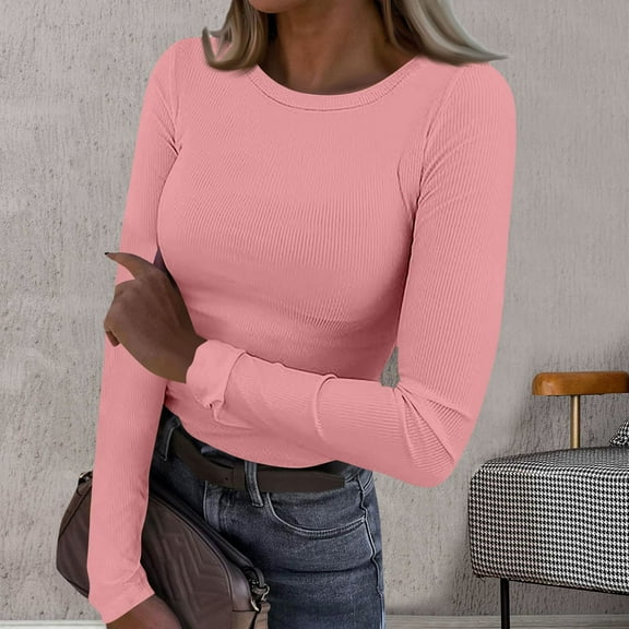 Adeawade Womens Tops Long Sleeve Solid Color T Shirts Crewneck Classic Tee Daily Wear M Light Pink