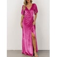 thumbnail image 2 of Women's V Neck Wrap Velvet Maxi Dress Bell Sleeve Split Bridesmaid Cocktail Party Dress, 2 of 8