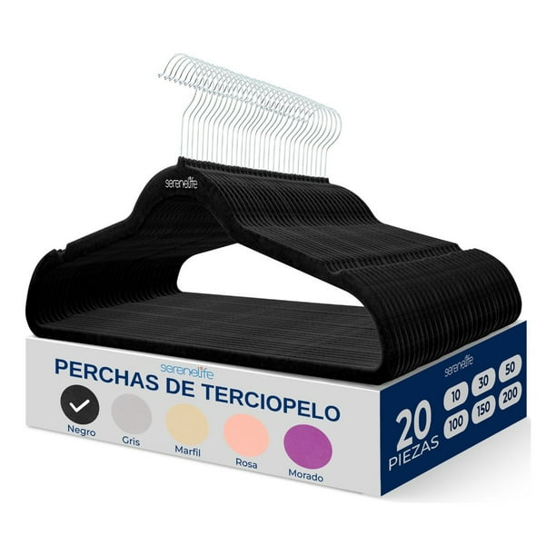 Ganchos de Terciopelo Premium Serenelife, Ahorradores de Espacio, Resistentes, con Gancho Metálico Giratorio de 360°, para Trajes, Pantalones y Vestidos, Negro, Pack 20