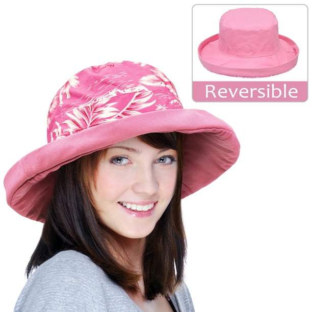 Women's Sun Hat Reversible Bucket Cap UPF 50+ Travel Beach Hat Floral Pink Walmart.com
