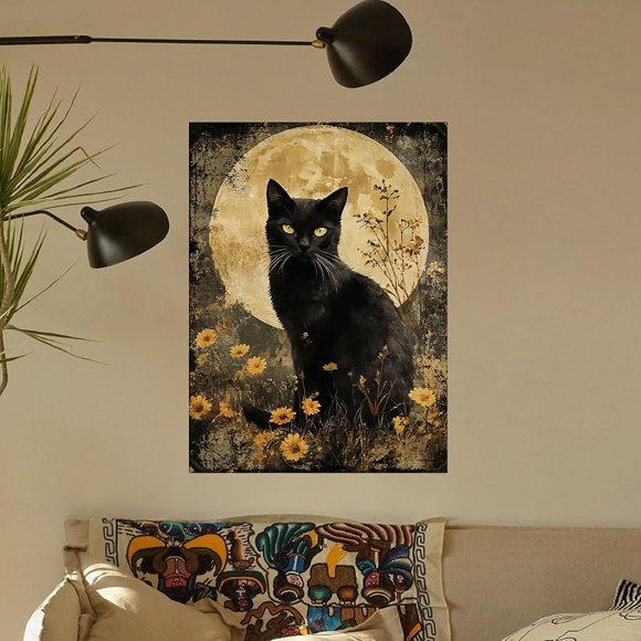OOTSR Black Cat Floral Moon Wall Decals,Removable Vinyl Wall Stickers for Farmhouse Bedroom Kitchen Wall Art Decorating Home Room Decor