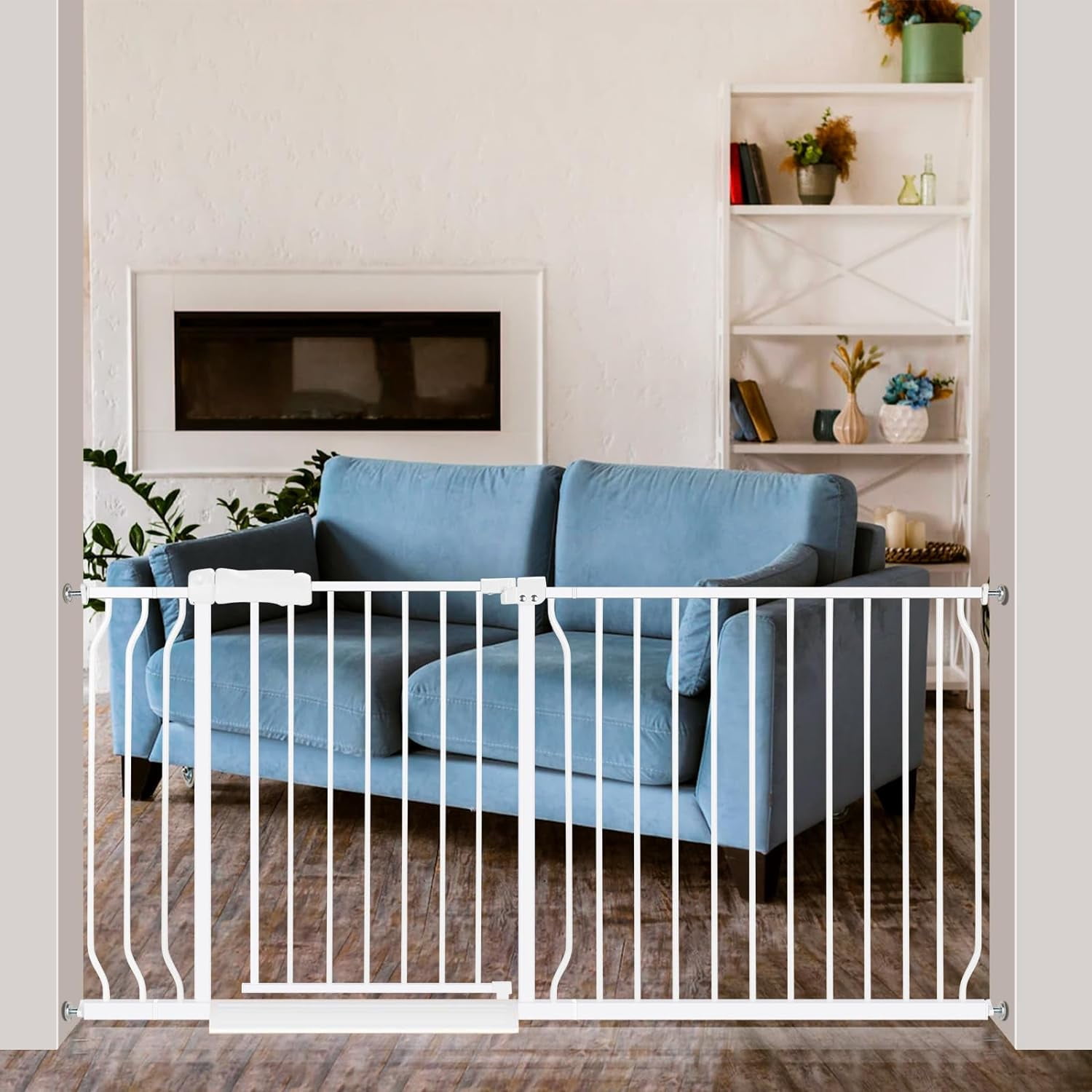 Extra Wide pet Gate 57.5"-66.9", Pressure-Mounted with Walk-Through Door –Pet Safety Gate for Doorways and Stairs, No Drilling, White