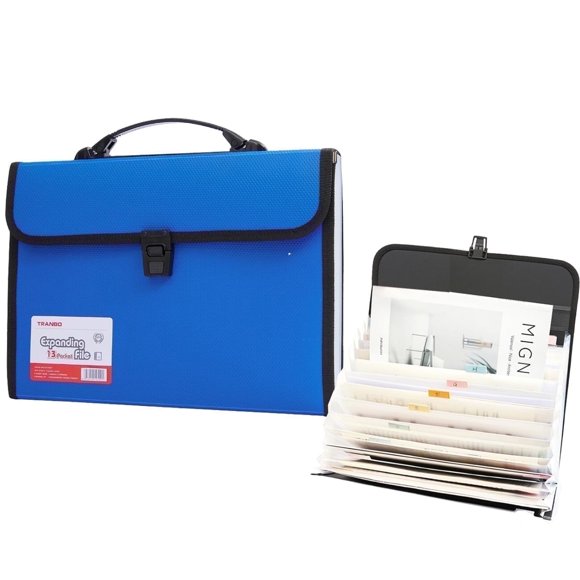 13 Pockets Expanding File Folder Organiser with Handle, TRANBO Accordion File Organiser, Plastic Document Wallet for Paperwork A4, Portable Filing Box for Travel School Office Home - Blue