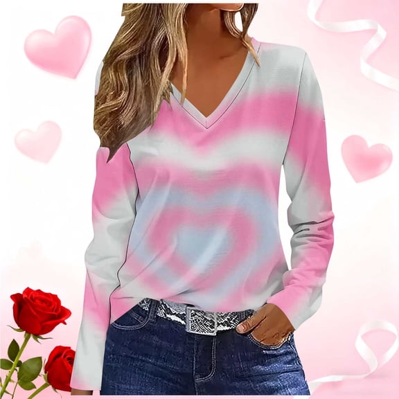 Craaazy Women's Pink Valentines Shirts Casual V-neck Long Sleeve Tops Gifts