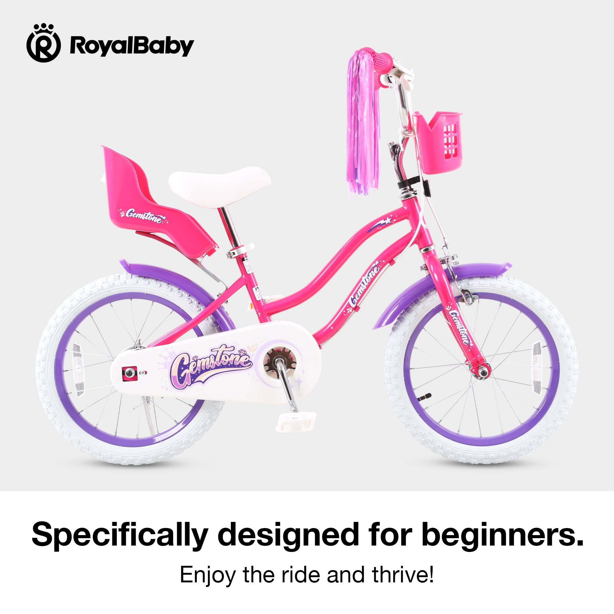 RoyalBaby 16 inch Gemstone Girls Bike Coaster Brake Ages 4-7 Years, With Doll Bike Seat and Streamers Multiple Colors, Pink