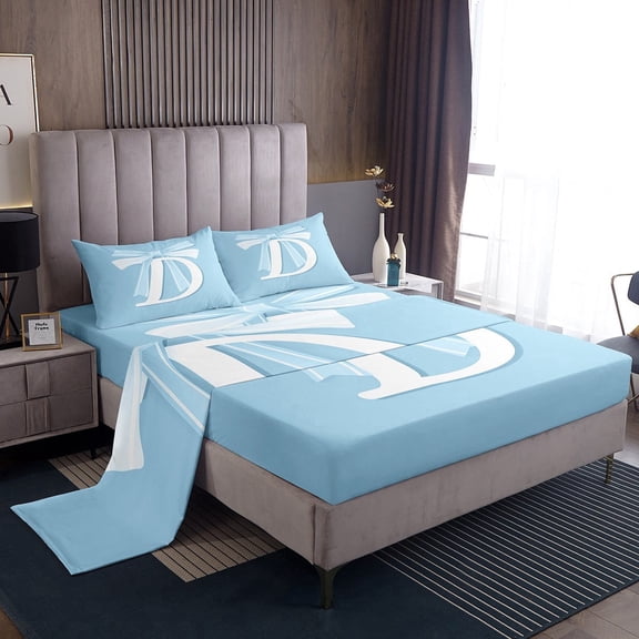 Erosebridal Monogrammed D Bed Sheets Set Twin Size, Initial Letter Bed Sheets Twin, Blue Bow Reversible Sheet Set Twin, Super Cozy Bedroom Decor, 3 Pieces