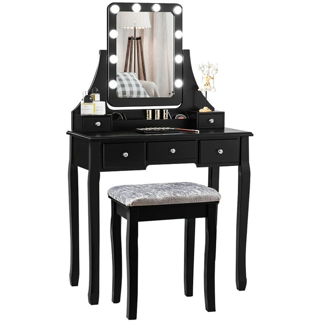 Set Tocador Costway con Espejo Rectangular y Taburete 10 Bombillas LED Negro 80 x 40 x 135,5 cm