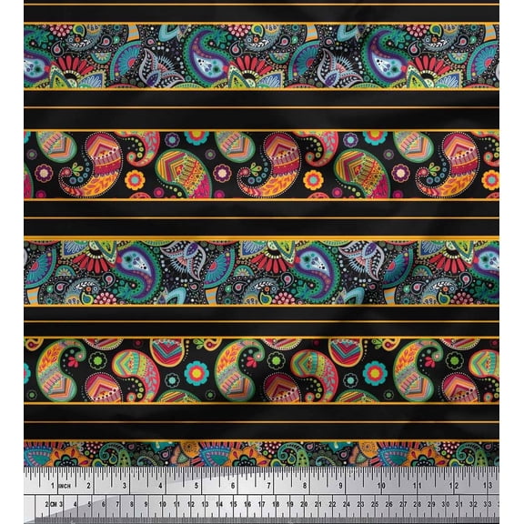 Soimoi Black Cotton Duck Fabric Stripe,Floral & Paisley Artistic Print Fabric by Yard 42 Inch Wide