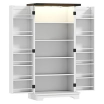 47" Kitchen Pantry Cabinet with LED Light, White Farmhouse Storage Cabinet with Adjustable Shelves & Barn Door, Kitchen Storage Organizer for Kitchen, Living Room