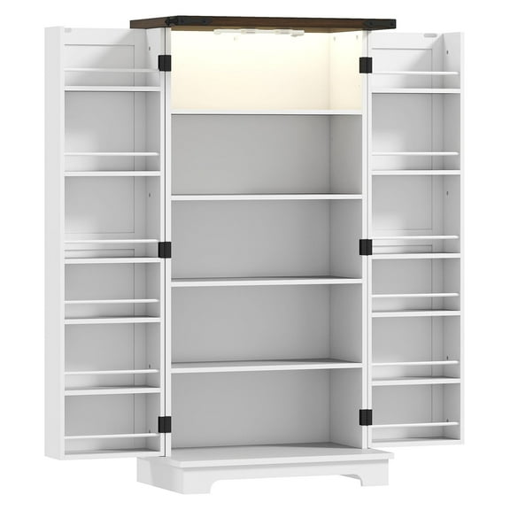 47" Kitchen Pantry Cabinet with LED Light, White Farmhouse Storage Cabinet with Adjustable Shelves & Barn Door, Kitchen Storage Organizer for Kitchen, Living Room