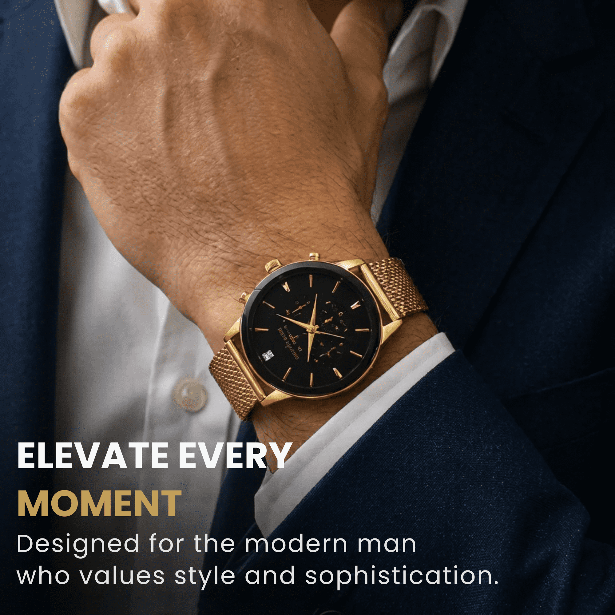 Men’s Gold Chronograph Watch – Stainless Steel Mesh Band, Luxury Dress Watch for Men, Quartz Movement, Water Resistant, Elegant Gift for Him