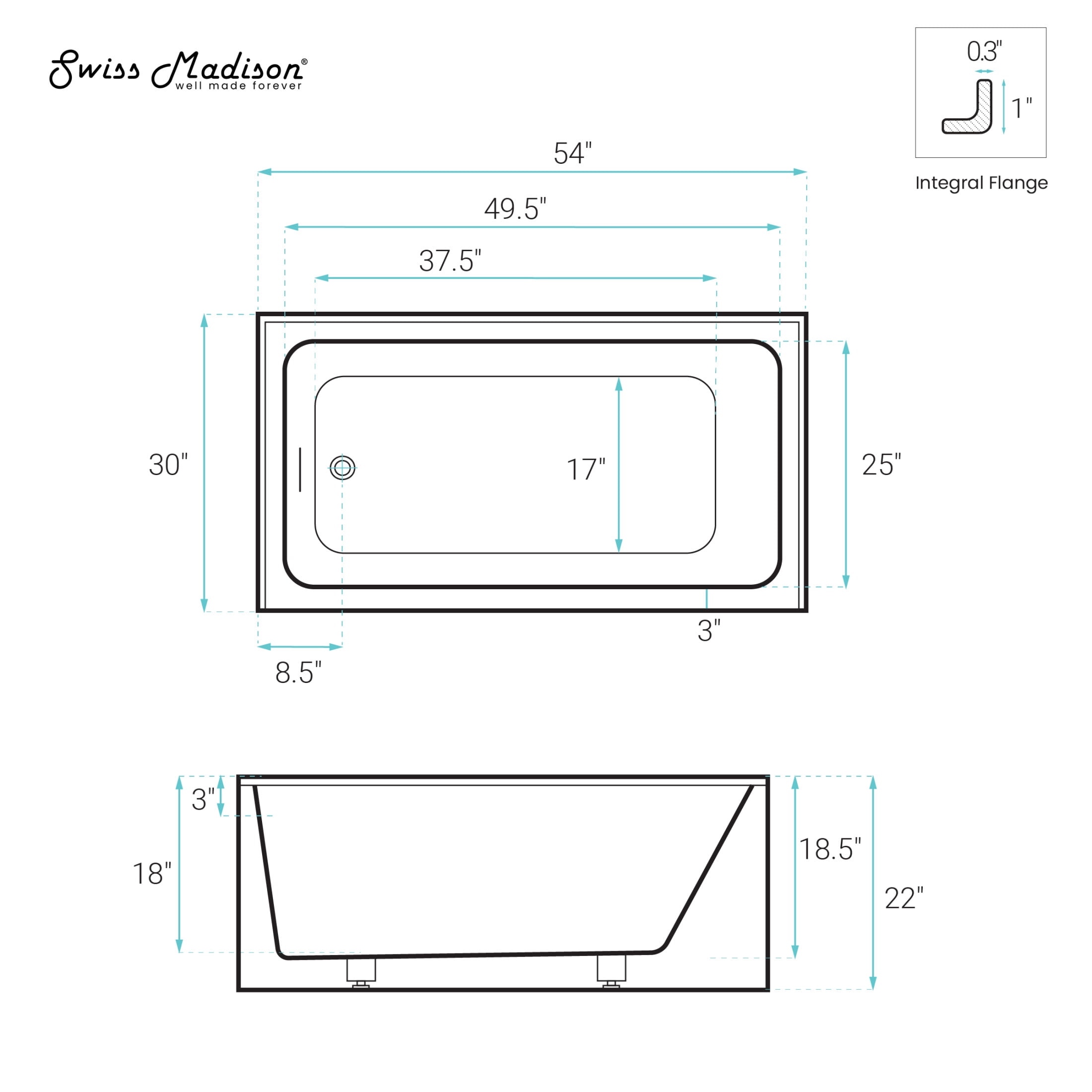 Voltaire 54 x 30 Skirted Left Drain Soaking Apron Bathtub in Glossy White with Integrated Overflow, Drain Included