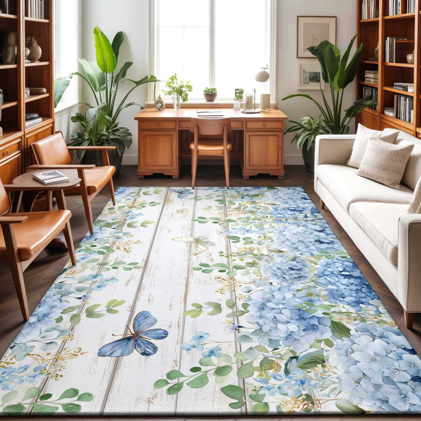 Area Rugs for Living Room 4x6 Ft, Blue Hydrangea Non Slip Area Rugs for Kitchen Bedroom Entryway, Spring Summer Eucalyptus Wooden Washable Carpet Runner Rug Floor Mats for Bedroom Home Decor