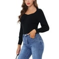 thumbnail image 4 of INSPIRE CHIC Women's Ruched Sweetheart Neck Lantern Sleeve Ribbed Knit Slim Blouse Black S, 4 of 5