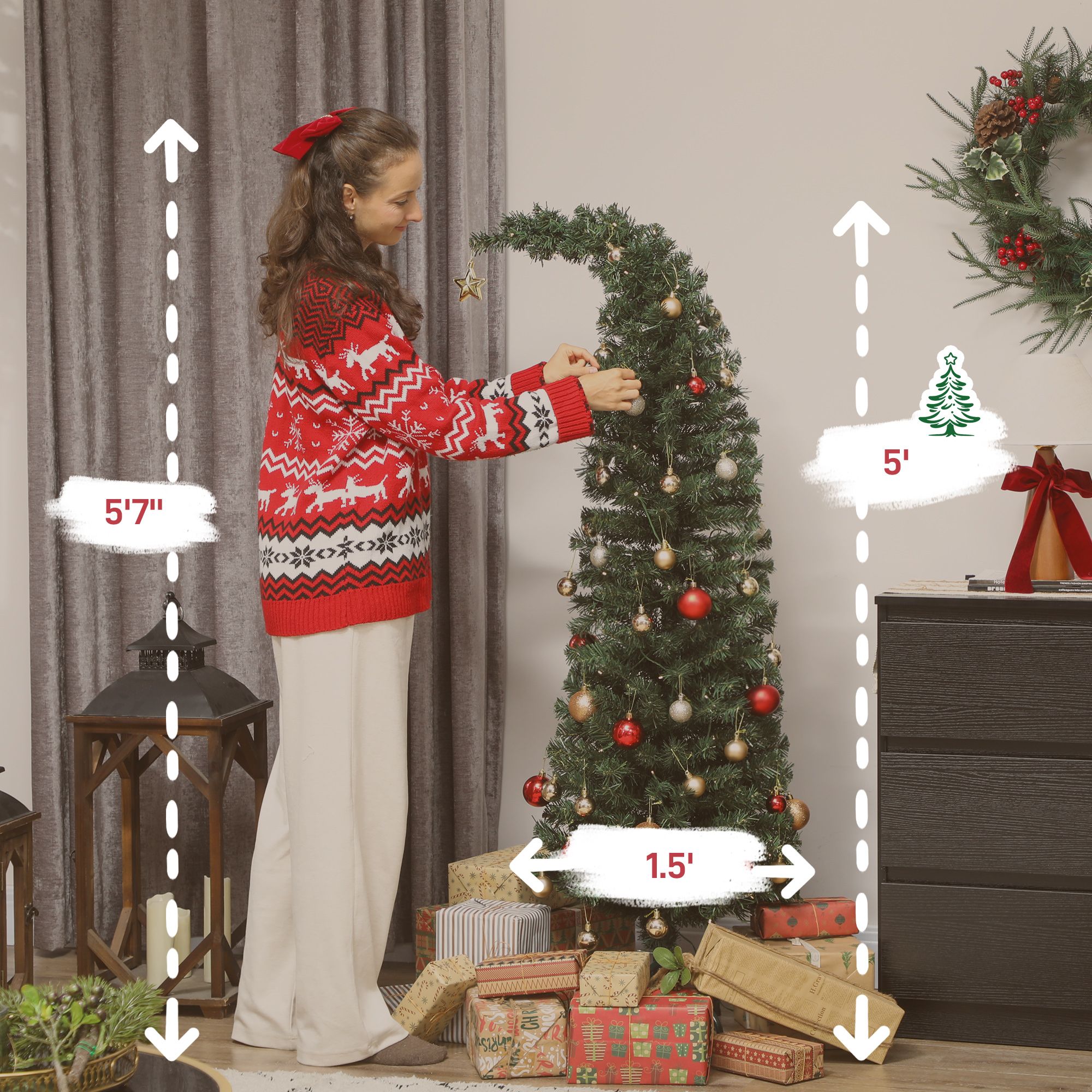 Slim Prelit Christmas Tree with Bent Top, 5 ft Artificial High Mountain Fir with 100 Warm White LED Lights and Metal Stand, 246 Tips for Small Spaces and Corners
