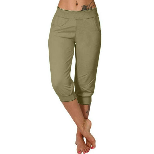 Timegard Capri Pantalon pour Femmes Été Bas Élastique Bas Resserré Joggers Confortables avec Poches Pantalon Court