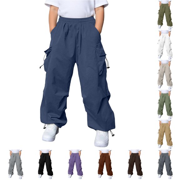 LIIPEE Boys Cargo Pants With Multiple Pockets Casual Solid Color Elastic Waist Loose Fit Straight Leg Trousers Kids Everyday Comfortable Breathable Bottoms,9-10 Years
