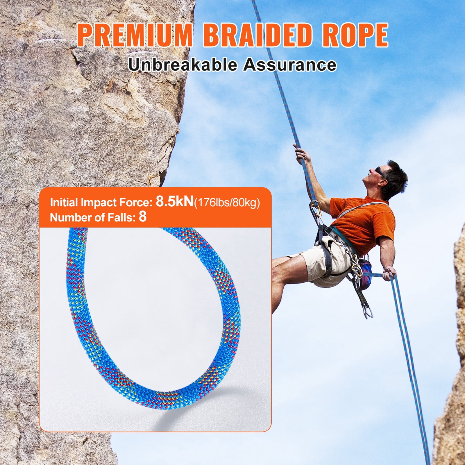 KFFKFF 10.2mm Dynamic Rope, 50M Stretchable Fiber for Climbing, 25KN Tension, Includes Steel Hooks for Rappelling, Escape, Fire Rescue, Blue