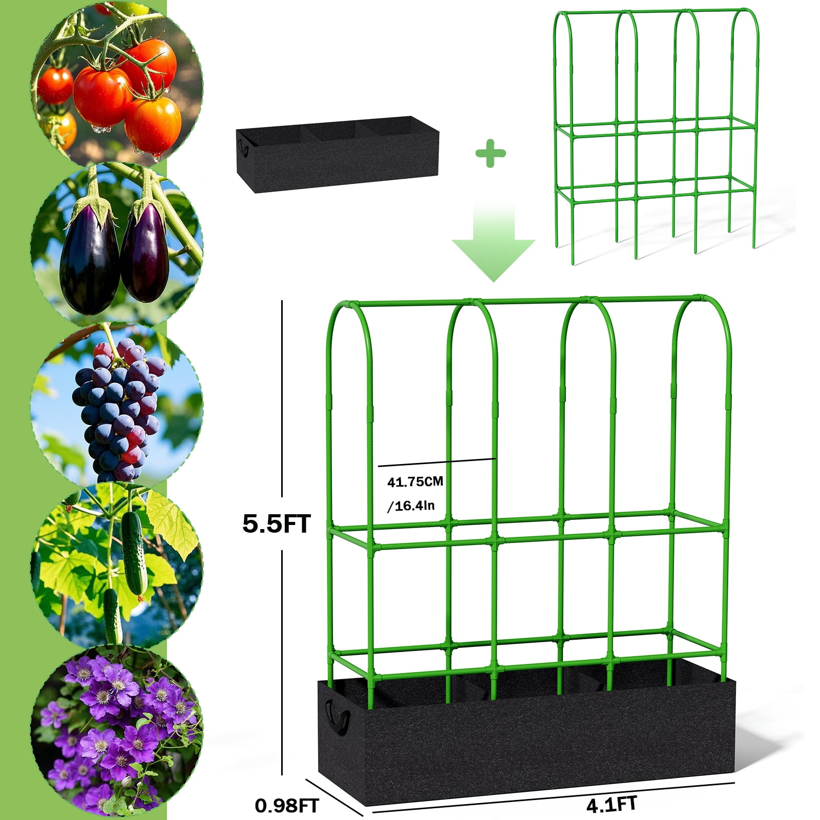 Budiwati Cucumber Trellis, Garden Tomato Cage, Adjustable Garden Trellis with 46 Gallon Grow Bags