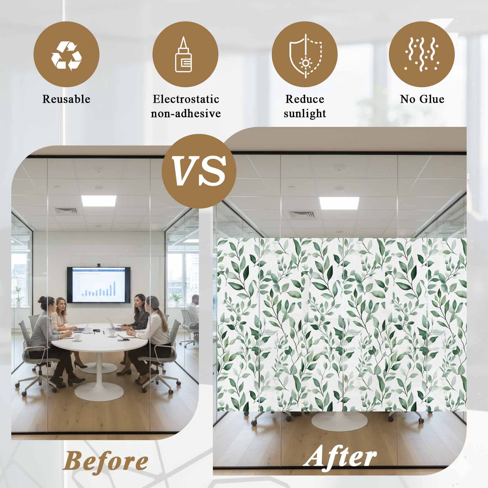 Eucalyptus Leaves Window Privacy Film Watercolor Green Plant Leaf Decorative Glass Window Film UV Blocking Static Cling Non-Adhesive Sticker Covering for Home Door 35.4x78.7 inches