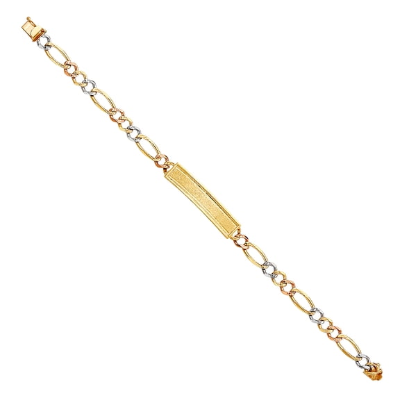 Wellingsale 14k Tri 3 Color Gold Solid Polished Mens Diamond Cut Figaro ID Bracelet - 8"