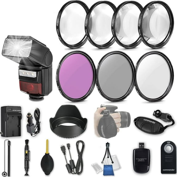 58mm 21 Pc Accessory Kit for Canon EOS T6i, T7i, 77D, T6s, 750D, 800D, 760D DSLRs with LED-Flash, UV CPL FLD Filters, 4 Piece Macro Close-Up Set, and More