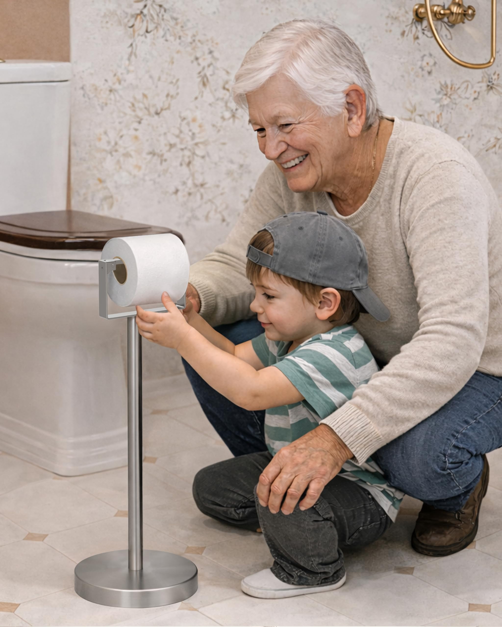 RUACQ Toilet Paper Holder Stand, Magnetic Closure Toilet Paper Stand with Lift-Up Rotating Arm, SUS304 Stainless Steel Bathroom Toilet Paper Holder Free Standing, Weighted Base (Brushed Nickel)