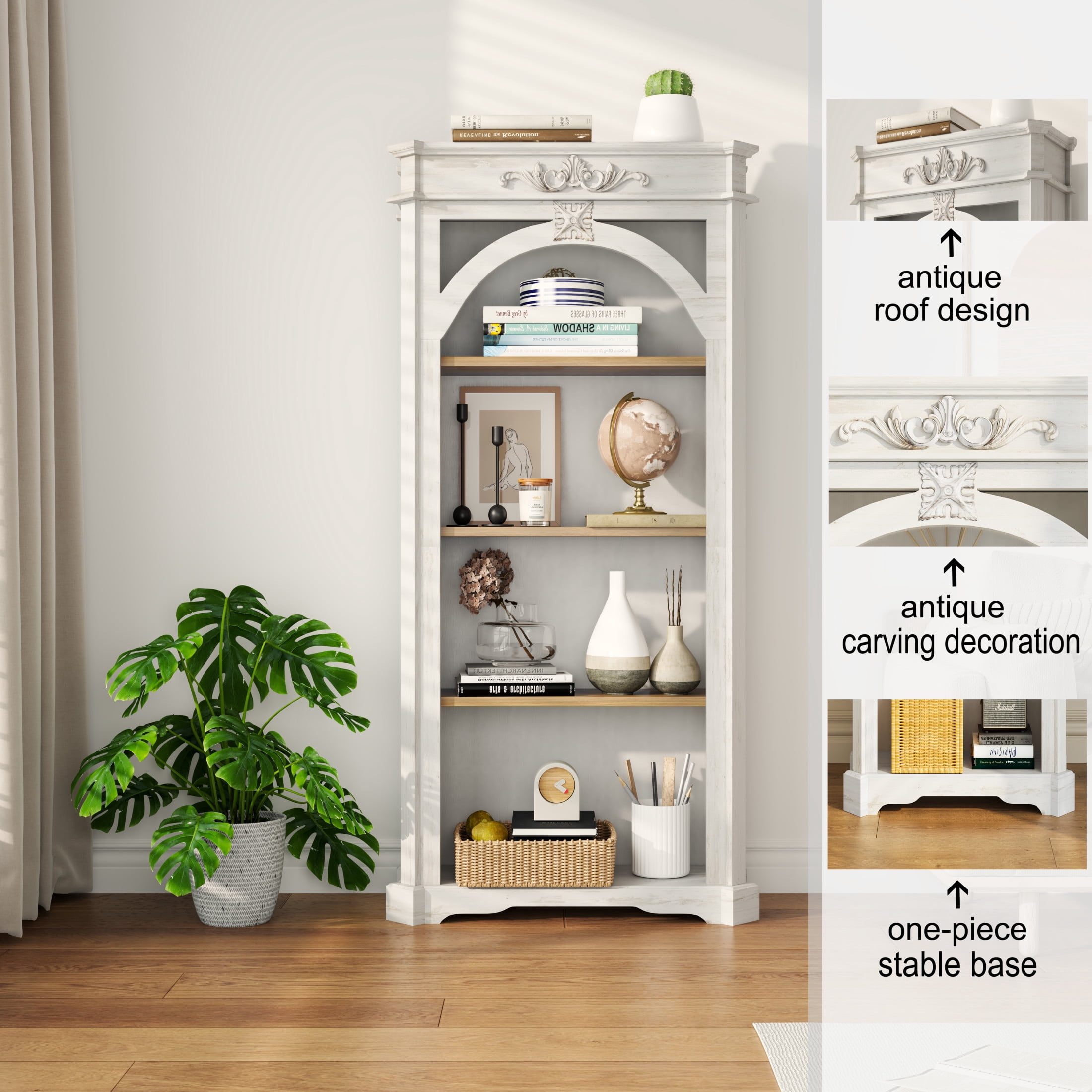 Noble House 65" Antique 4-Tier Bookcase, Tall Open Display Shelf for Home Office, Living Room, White