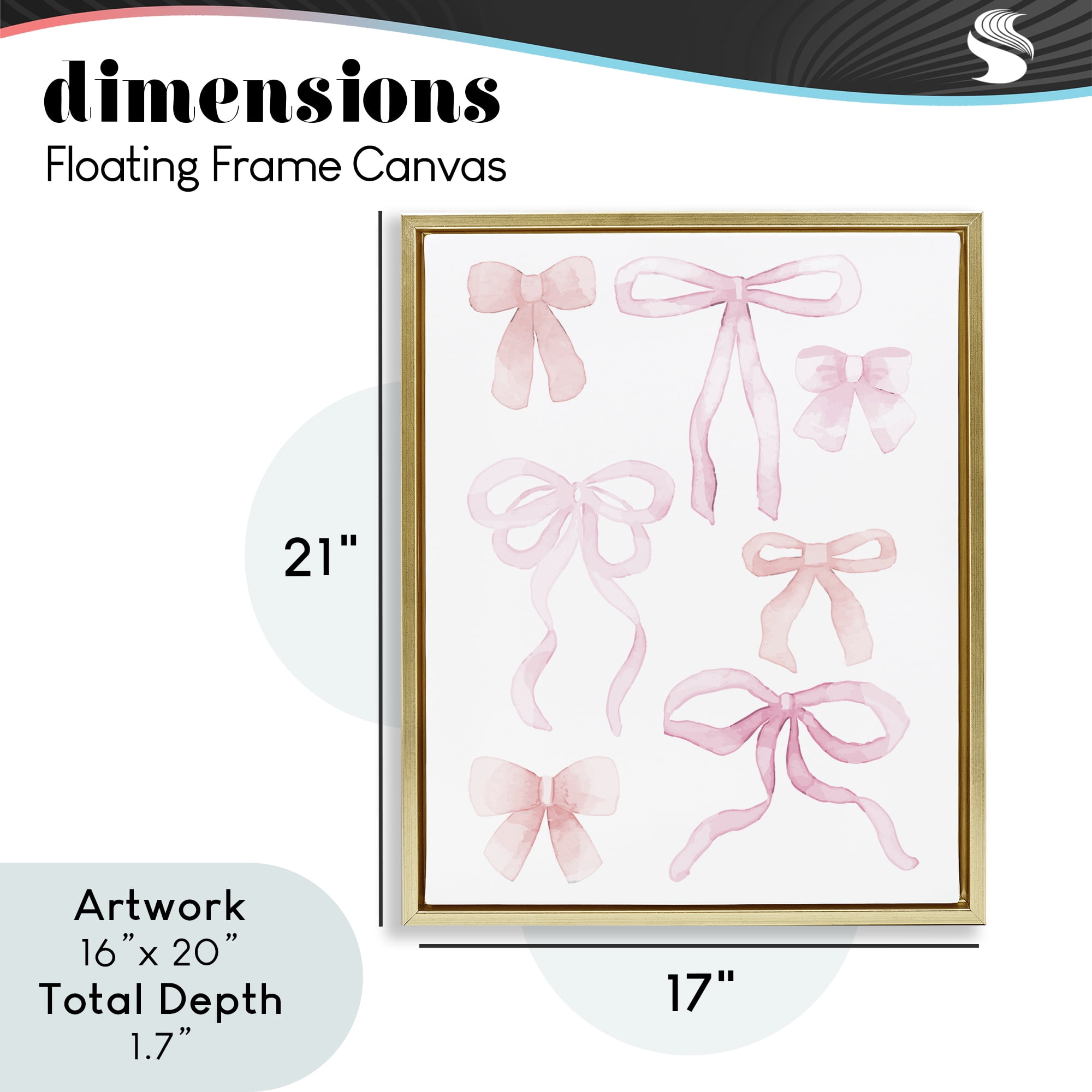 Pink Watercolor Bows Gold Framed Floater Canvas Wall Art, design by Kim Allen