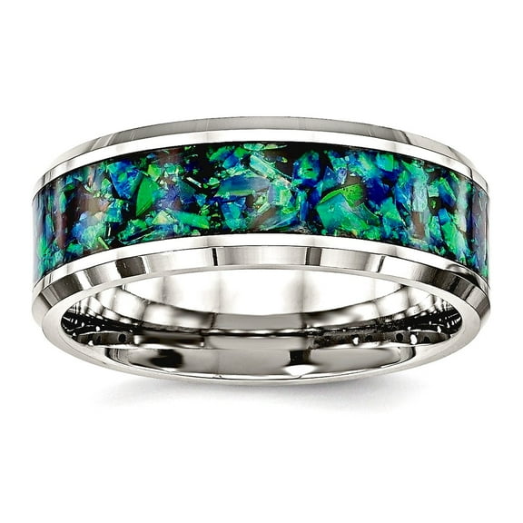 Stainless Steel Beveled Edge Polished With Blue Imitiation Simulated Opal 8mm Mens Ring Size 9.5 Ring for Men