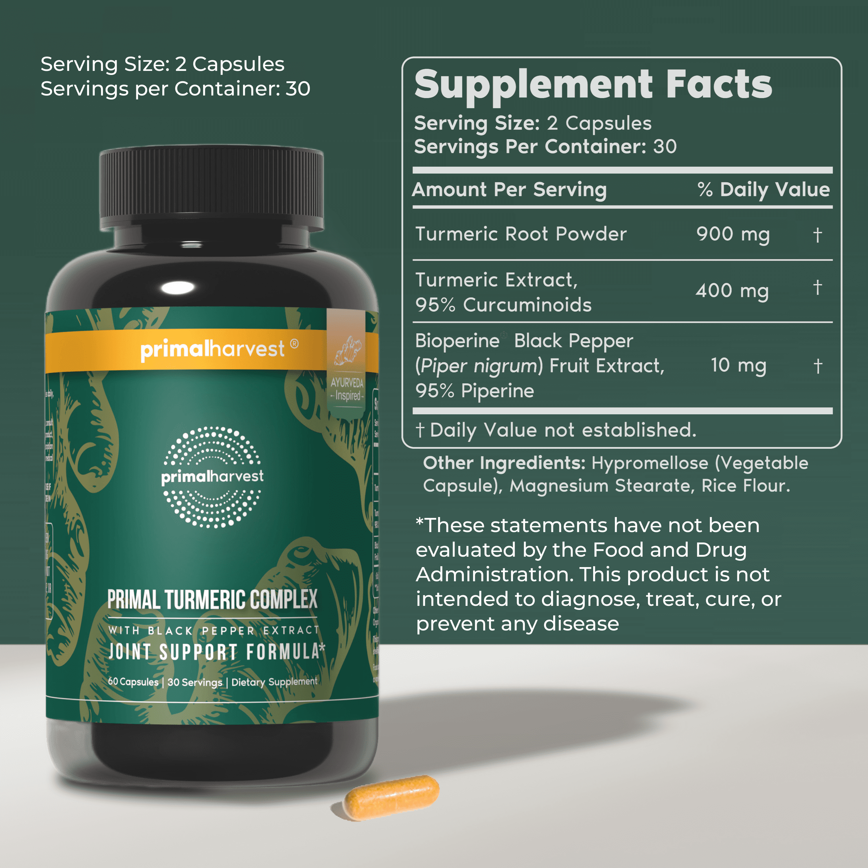 Primal Harvest Turmeric Complex, 2 Pack: Joint & Mobility Support with Turmeric Root, Extract & BioPerine for Men & Women (120ct)