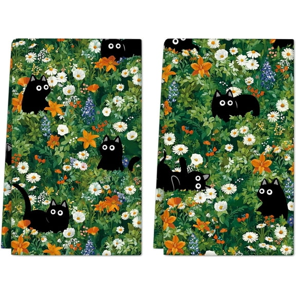 Cute Black Cat Kitchen Towels Set of 2 Floral Absorbent Hand Towels Decorative Dish Towels for Kitchen Home Housewarming Gifts