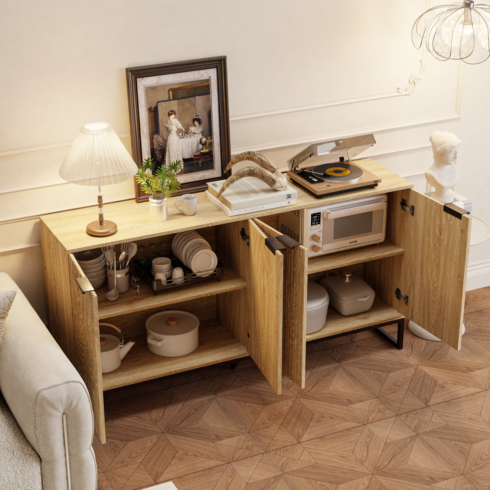 Fluted Accent Cabinet, Kitchen Sideboard Buffet Cabinet with 4 Fluted Doors