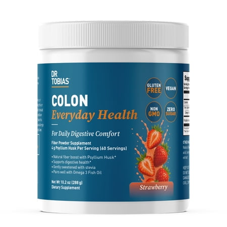Dr. Tobias Colon Everyday Health - Gut Health for Women & Men - Psyllium Fiber Powder Drink with 4g Psyllium Husk Powder per Serving, Vegan, Gluten Free, Non-GMO, Strawberry Flavor, 60 Servings