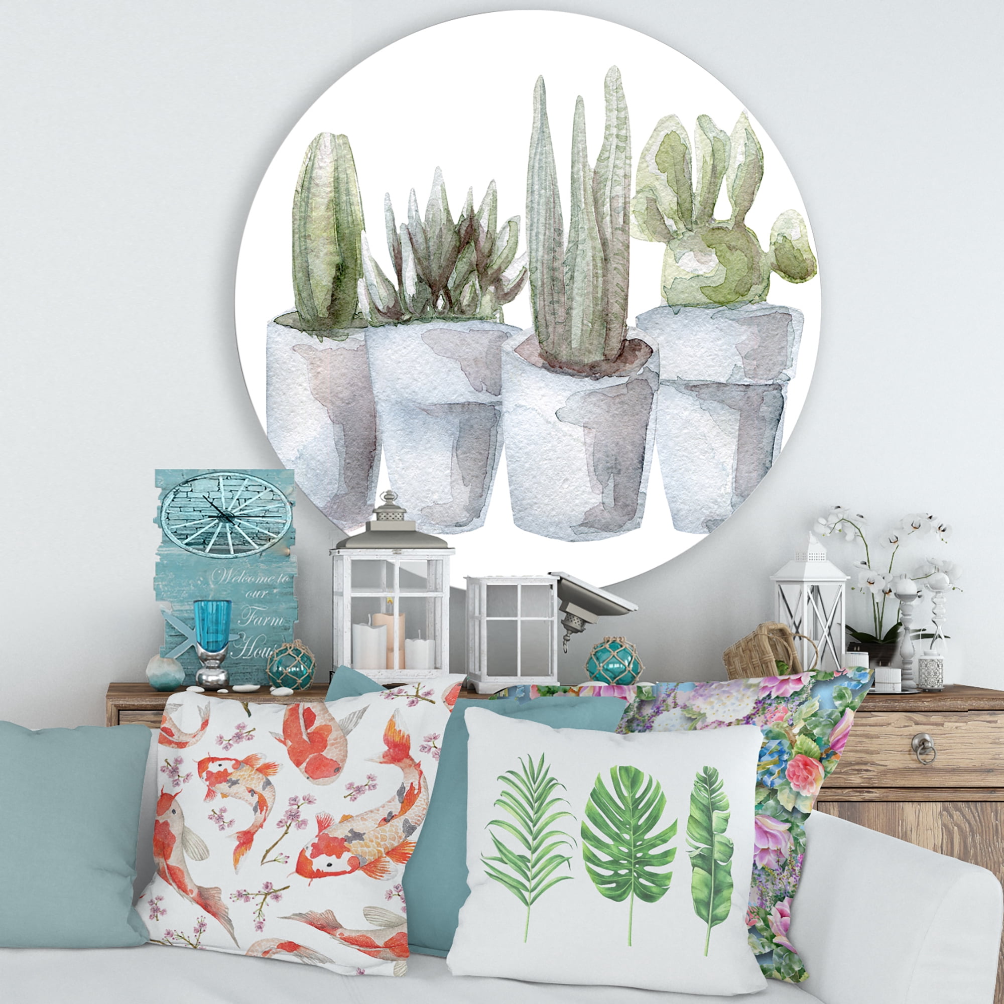 Designart 'Succulent and Cactus House Plants V' Farmhouse Circle Metal Wall Art 36x36 - Disc of 36