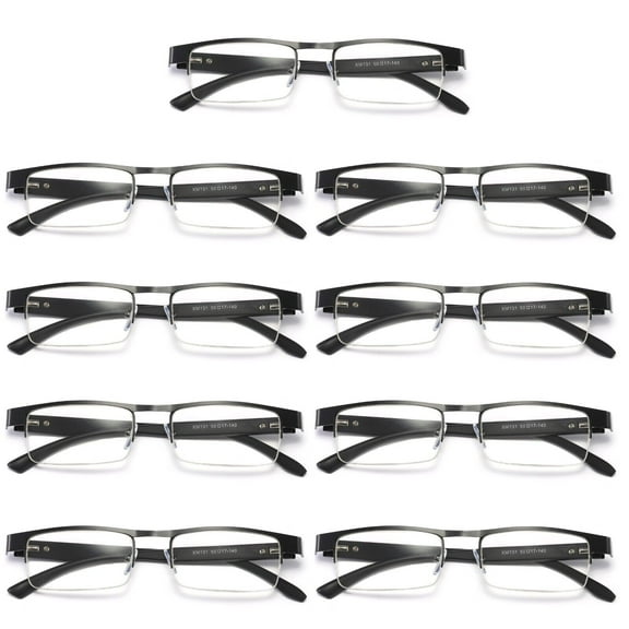 9 Pairs Mens Rectangular Metal Half Frame Reading Glasses Spring Hinge Black Readers 0.75