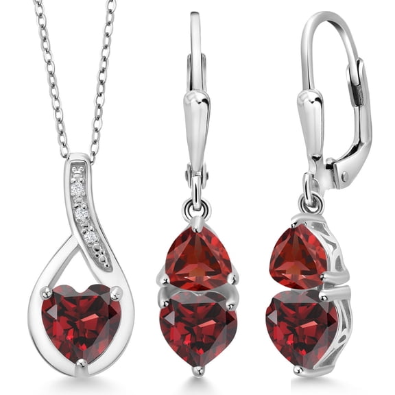 Gem Stone King 925 Sterling Silver Red Garnet Pendant Earrings Set for Women (4.38 Cttw, Gemstone January Birthstone, with 18 inch Chain)