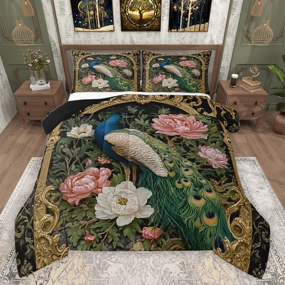 Castle Fairy Boys Girls Animal Peacock Bedding Comforter Set 2pcs,Chic Floral Peony Twin Comforter Sets Microfiber,Luxury Vintage Aesthetic Breathable Bedding Set,Lightweight Room Decor,Reversible