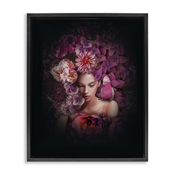 Stupell Industries Circular Flowers Woman Plants & Flowers Painting Black Floater Framed Canvas Art Print Wall Art, 17 x 21