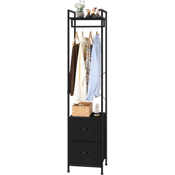White Metal & Wood Clothing Rack with 3 Drawers – Freestanding Wardrobe Organizer with Hanging Rod, Open Shelves & Storage Baskets for Bedroom, Entryway, or Laundry Room – Space Saving Vertical