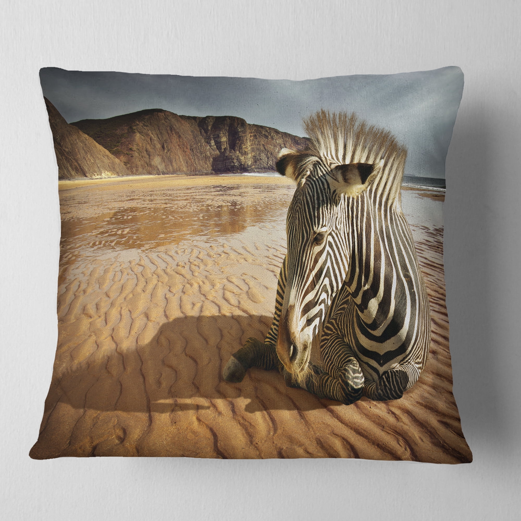Designart Beach Zebra - Animal Throw Pillow - 16x16